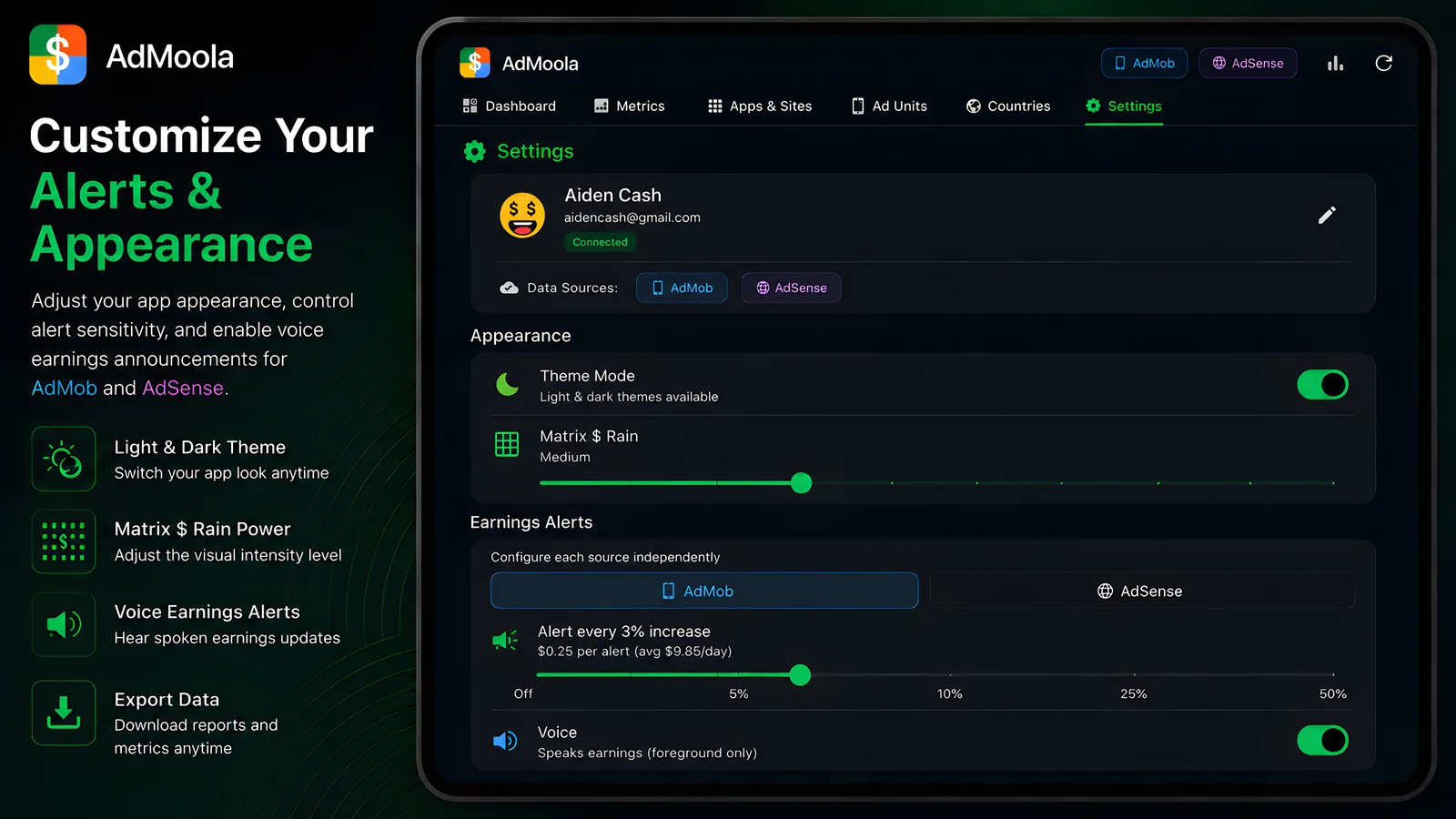 AdMoola settings with light and dark theme, Matrix rain and per-source voice alerts