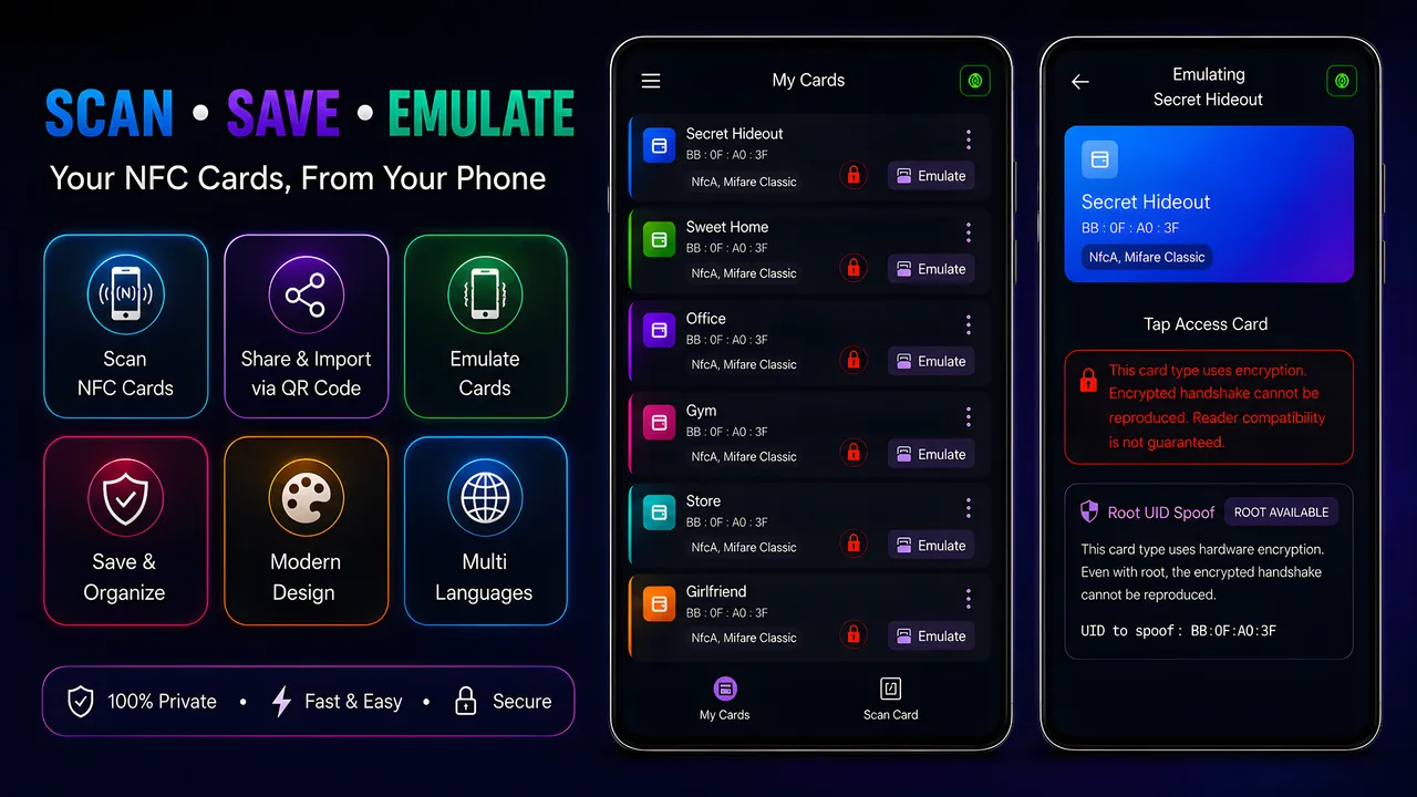 NFC Emulate saved card list with color-coded access cards
