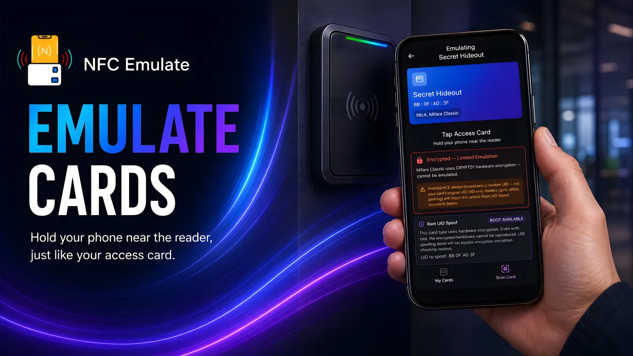 NFC Emulate card details showing UID and card type