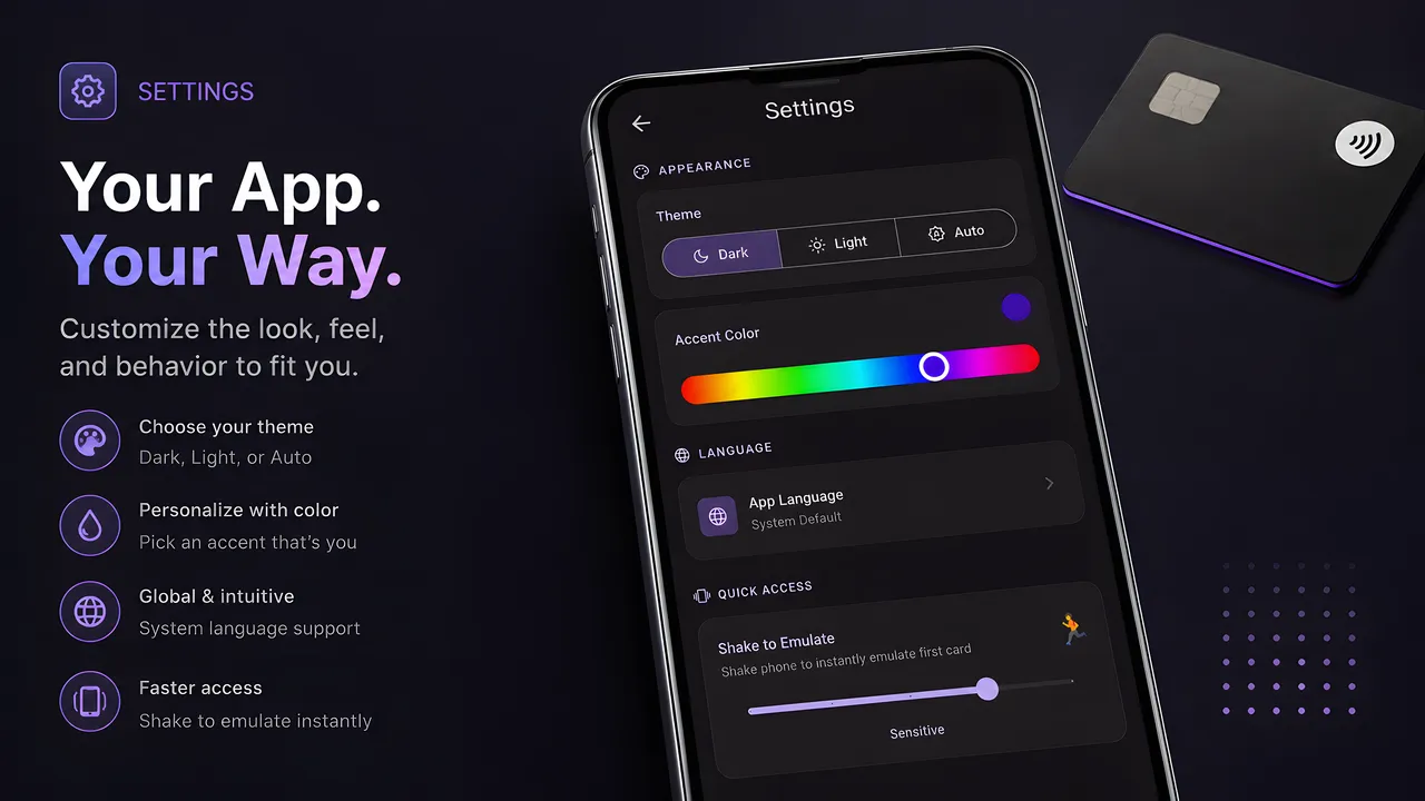 NFC Emulate settings with dark theme and shake sensitivity
