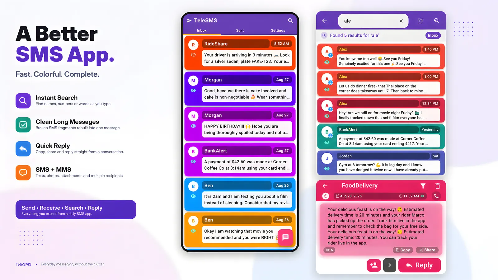 TeleSMS colourful inbox alongside instant search results and a conversation with quick reply