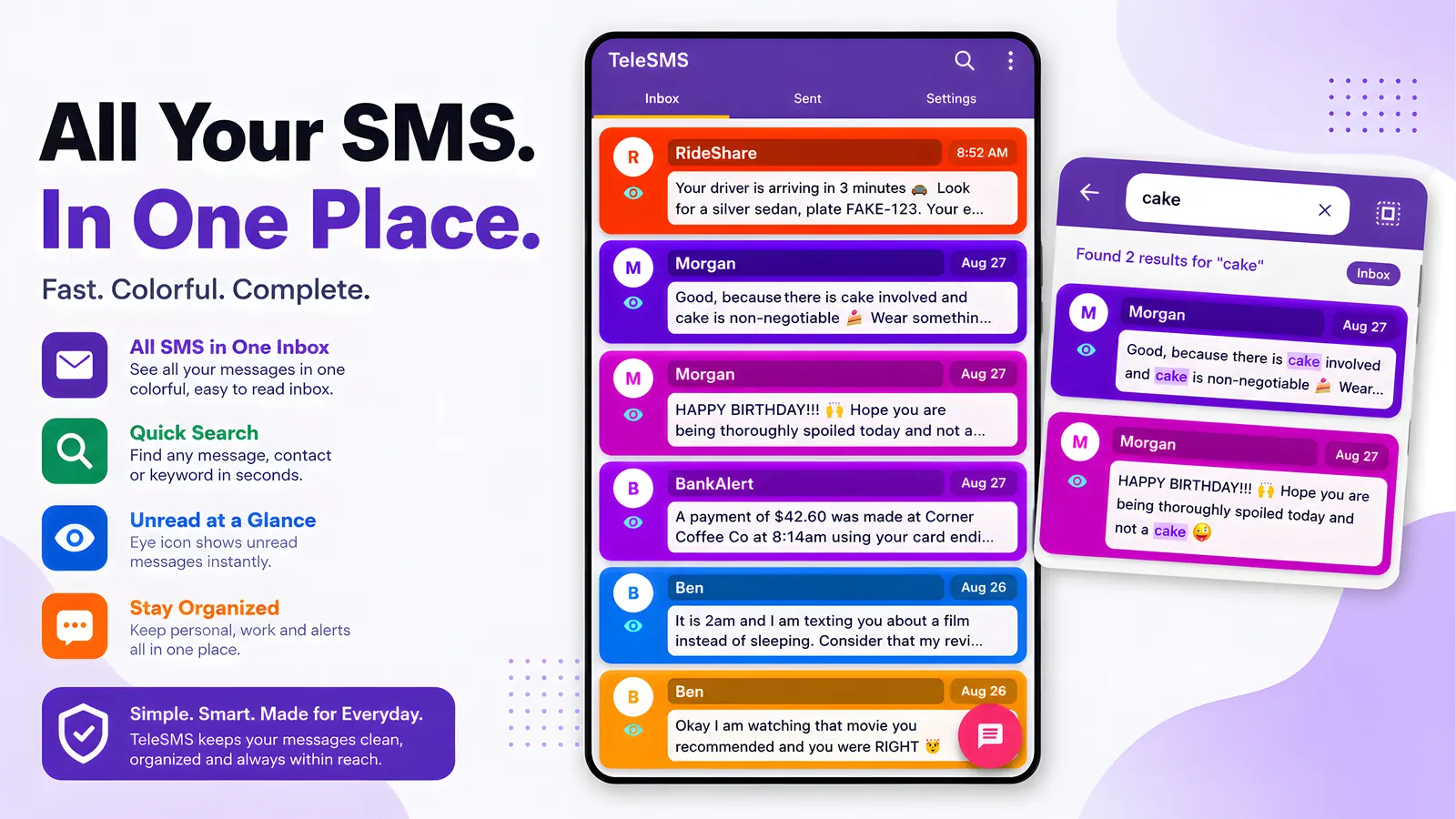 TeleSMS inbox with all SMS in one place and search matches highlighted as you type