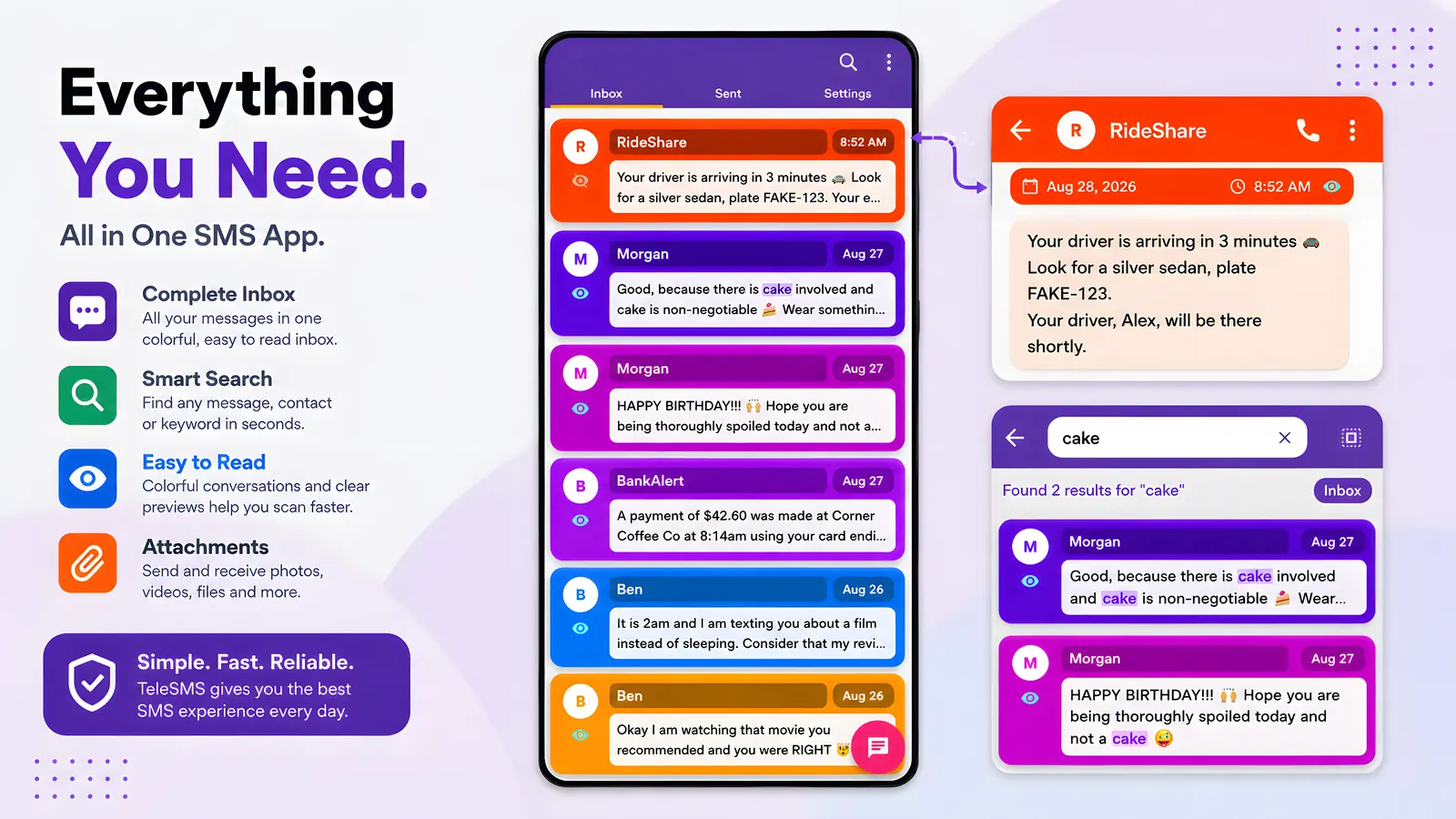 TeleSMS conversation view, smart search and attachment support in one SMS app